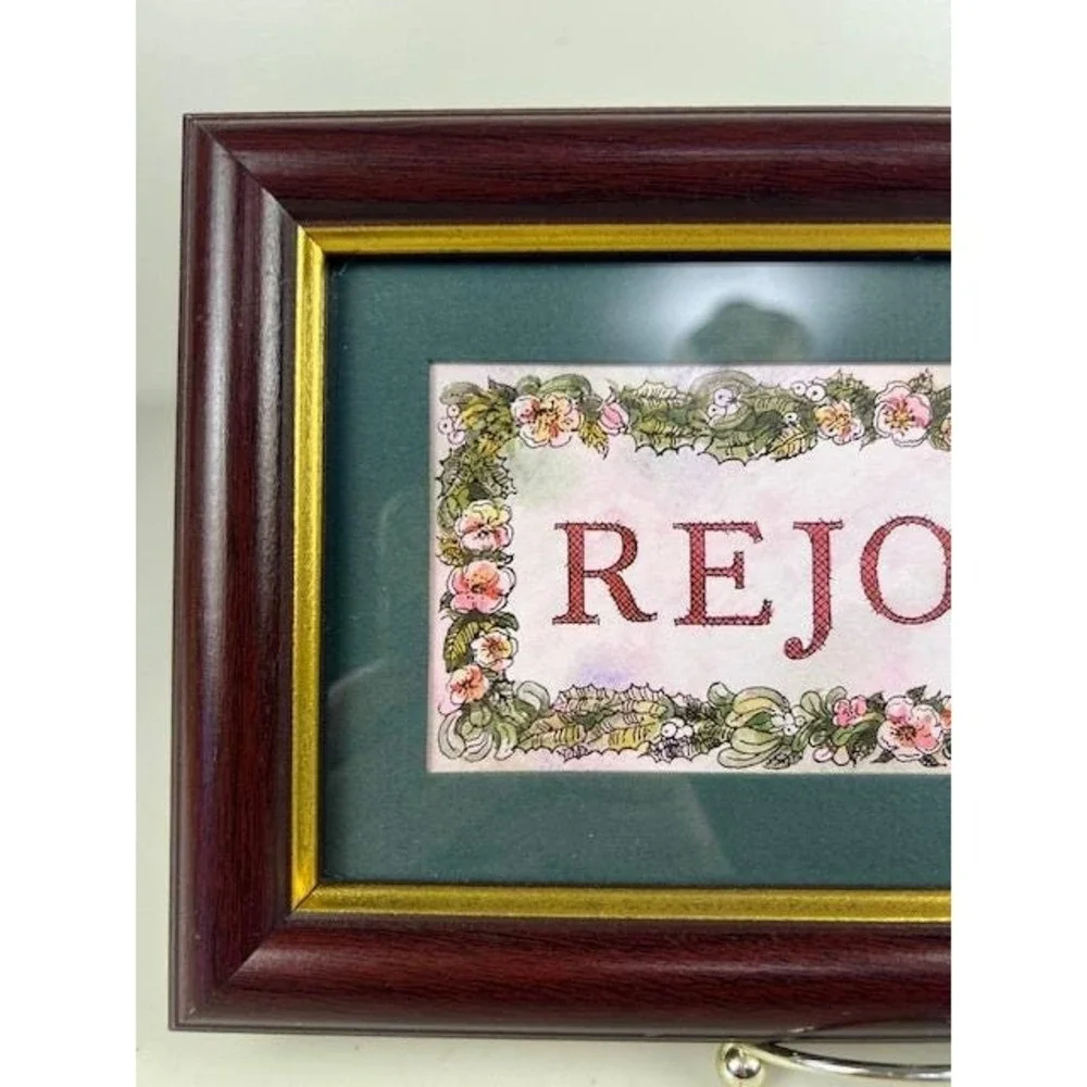 Vintage HOMECO Framed REJOICE Art Floral‎ Holly Berry Vintage Home Decor